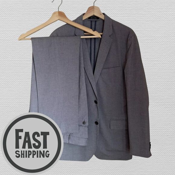 LANDS' END Mens 2 Piece Suit Blazer Jacket 42R Pant 34Wx31L Gray Stretch Cotton - Picture 1 of 15